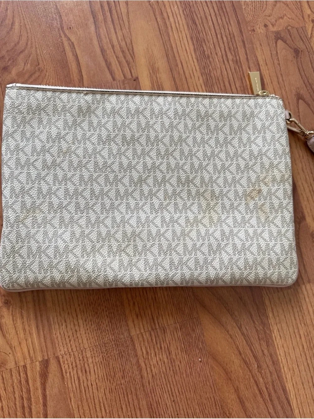 Michael Kors Beige and Blush Stripe Signature Wristlet Clutch